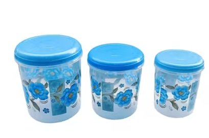 3 Pieces Plastic Grocery Storage Container Set with Beautiful Design, 10KG, 7KG, 5KG & 3KG Capacity, Airtight Kitchen Storage Containers for Rice, Flour, Pulses, Grains & Dry Food, Blue