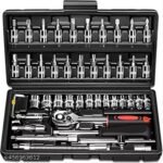 46-Piece 1/4 Inch Drive Socket Wrench Tool Kit with Ratchet Handle Metric Sockets Screwdriver Bits Extension Bar Chrome Vanadium Mechanic Repair Tools in Storage Case