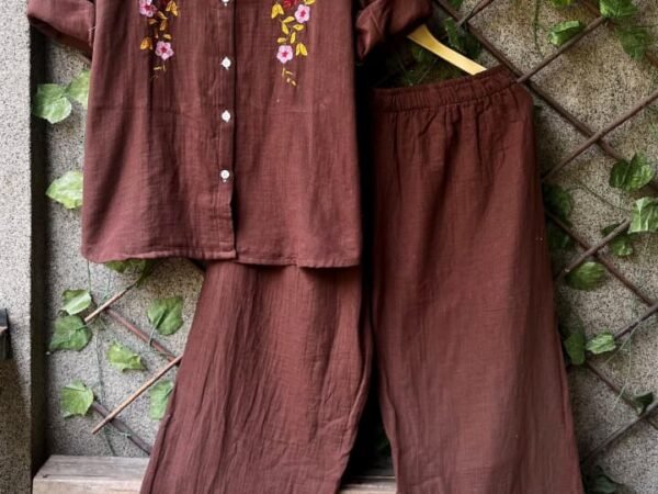 Dark Chocolate Brown Embroidered Co-Ord Set for Women | Cotton Shirt & Pant Set