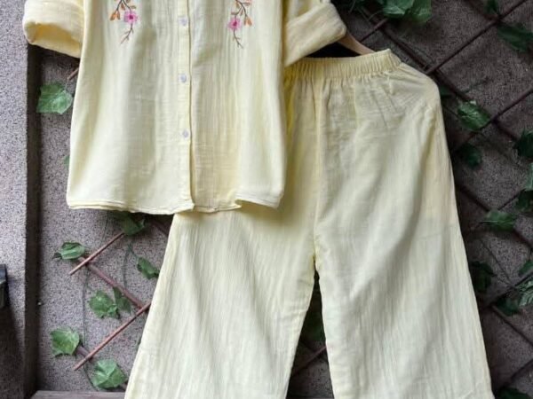 Pastel Yellow Embroidered Co-Ord Set for Women | Cotton Shirt & Pant Set