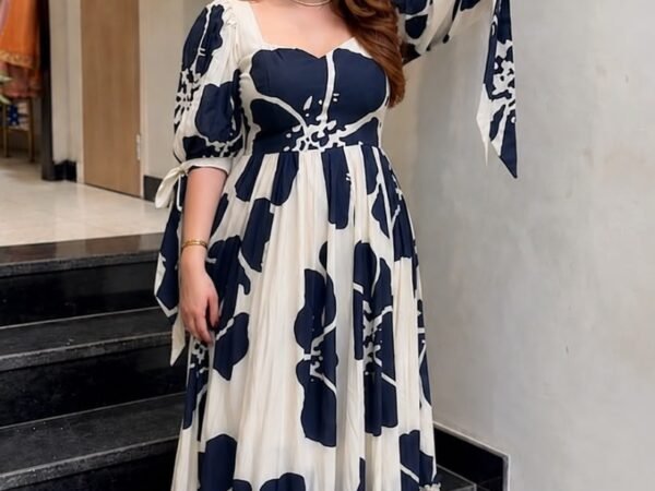 Women's Cream & Midnight Blue Floral Print Maxi Dress | Puff Sleeve Party Dress