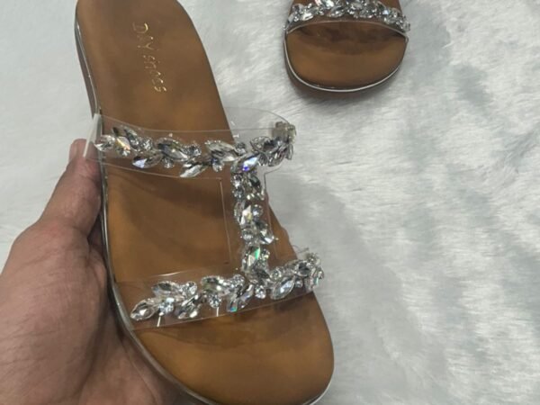Women's Transparent Crystal Embellished Flat Sandals | Party Wear Slip-On Flats