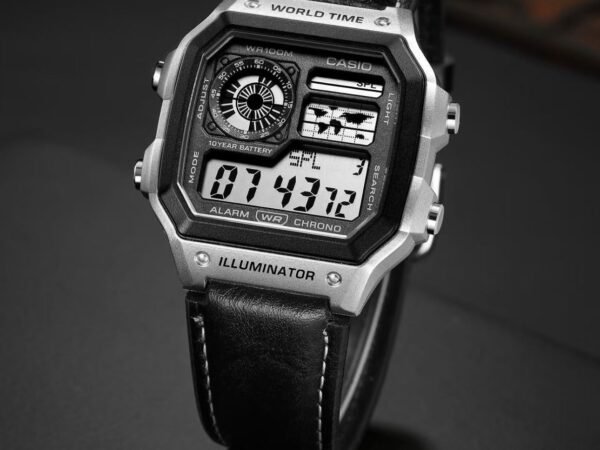Casio Youth Digital World Time Square Dial Men's Watch AE-1200WH | Black Leather Strap