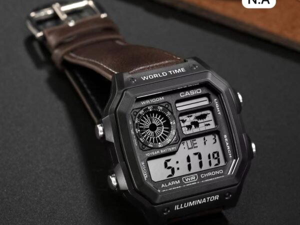 Casio Youth Vintage Digital World Time Men's Watch | Brown Leather Band with Bronze Dial | Classic Digital Wrist Watch