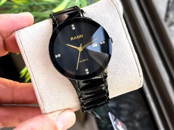 RADO Black Ceramic Quartz Analog Watch for Men | Premium Black Dial with Gold Hands
