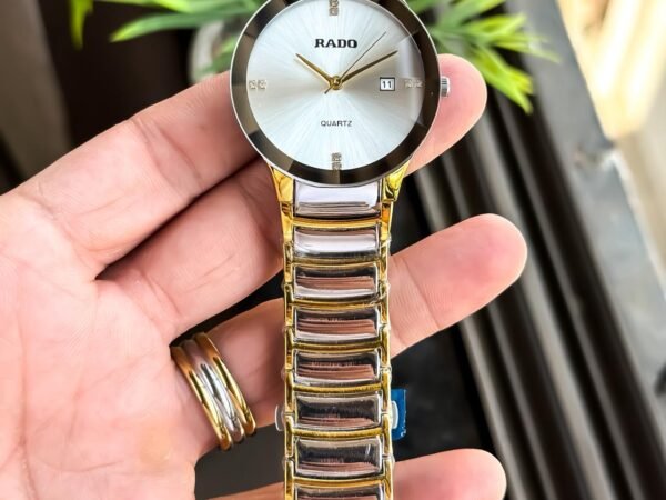 RADO Silver Gold Dual Tone Quartz Analog Watch for Men | Premium White Dial with Date Display,