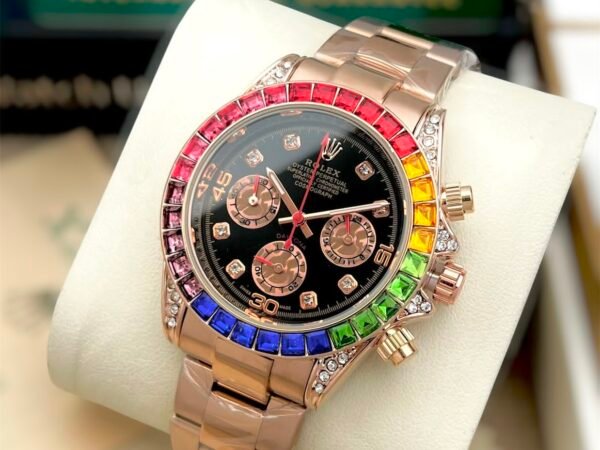 Rolex Daytona Rainbow Rose Gold Style Chronograph Quartz Analog Watch for Men | Premium Black Dial