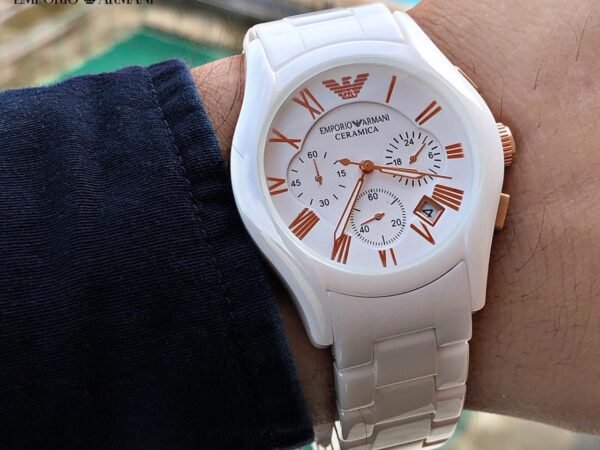 Emporio Armani White Ceramic Style Chronograph Quartz Analog Watch for Men | Premium White Dial, Rose Gold Roman Numerals
