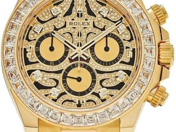 Rolex Daytona Skeleton Gold Crystal Bezel Quartz Analog Watch for Men | Premium Gold Skeleton Dial, Black Silicone Strap