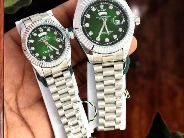 Rolex Day-Date Green Dial Couple Watch Set | Luxury Silver Stainless Steel Analog Watch | Rolex Reward Point