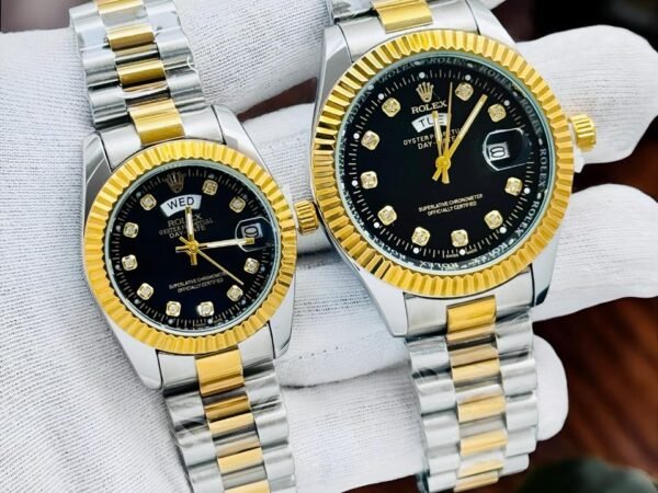 Rolex Black Dial Couple Watch Set | Luxury Stainless Steel Analog Watch | Rolex Reward Point