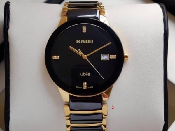 RADO Jubile Black Gold Ceramic Style Quartz Analog Watch for Men | Premium Black Dial, Date Display, Luxury Gold Stainless Steel Strap