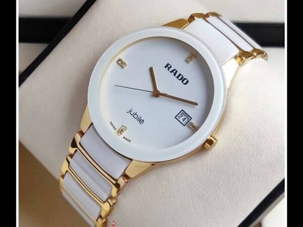 RADO Jubile White Gold Ceramic Style Quartz Analog Watch for Men | Premium White Dial, Date Display, Luxury White Gold Stainless Steel Strap