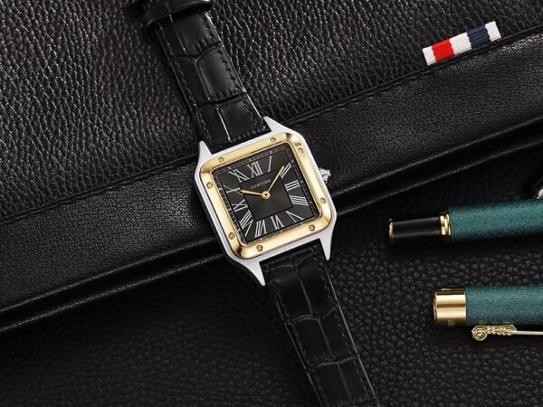 Cartier Santos Style Black Leather Strap Quartz Analog Watch for Men | Premium Black Roman Dial, Square Case