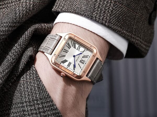 Cartier Santos Gold Tone Square Quartz Analog Watch for Men | Premium White Roman Dial, Black Leather Strap