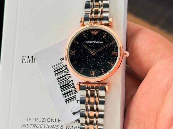 Emporio Armani Rose Gold Silver Analog Quartz Watch for Men | Premium Black Dial, Stainless Steel Bracelet