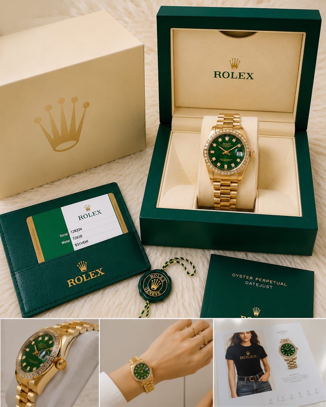WhatsApp Image 2026-07-13 at 12.25.50 PM (5) Rolex Stainless Steel Luxury Diamond Style Gold Bracelet Watch with Green Dial 36mm Available on Onestall.in Reward Point