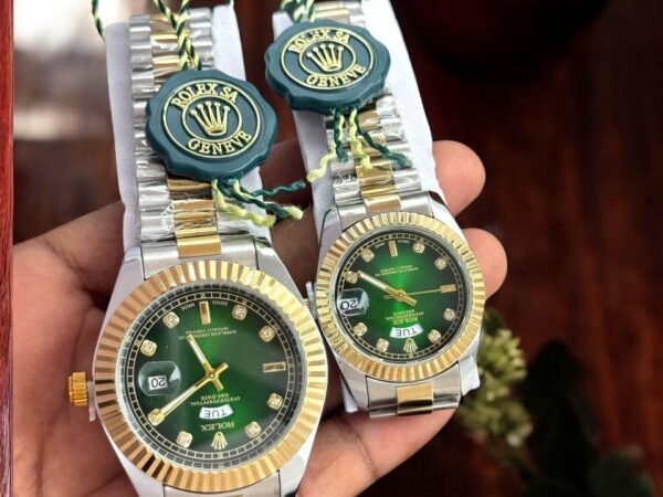 Rolex Couple Watch Stainless Steel Luxury Two Tone Gold Silver Green Dial 41mm & 31mm | Reward Point